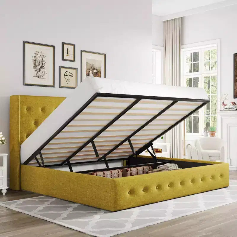 Allewie Lift Up Storage Bed, Button Tufted Headboard with Wingback, No Box Spring Needed, Hydraulic Storage, Button Tufted