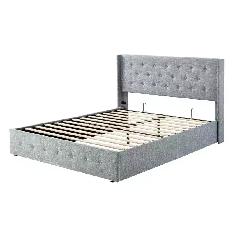 Lit de rangement relevable, tête de lit capitonnée avec accoudoirs, pas besoin de sommier tapissier, rangement hydraulique, capitonné