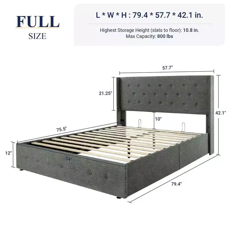 Lit de rangement relevable, tête de lit capitonnée avec accoudoirs, pas besoin de sommier tapissier, rangement hydraulique, capitonné