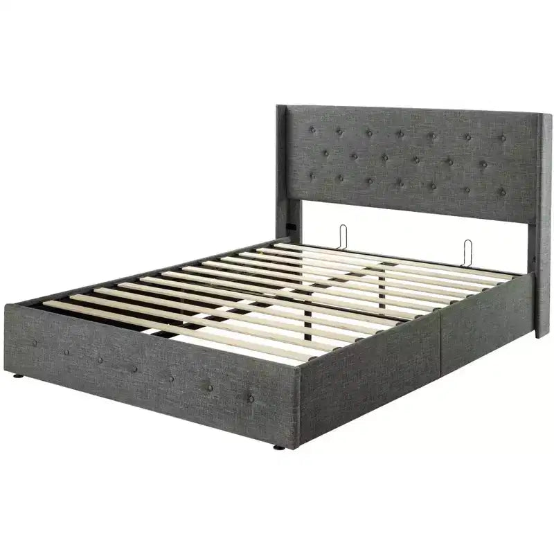 Lit de rangement relevable, tête de lit capitonnée avec accoudoirs, pas besoin de sommier tapissier, rangement hydraulique, capitonné