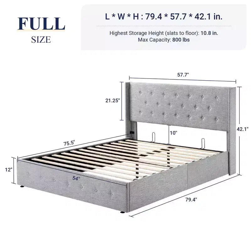Lit de rangement relevable, tête de lit capitonnée avec accoudoirs, pas besoin de sommier tapissier, rangement hydraulique, capitonné