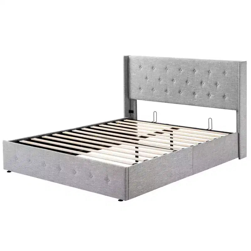 Lit de rangement relevable, tête de lit capitonnée avec accoudoirs, pas besoin de sommier tapissier, rangement hydraulique, capitonné