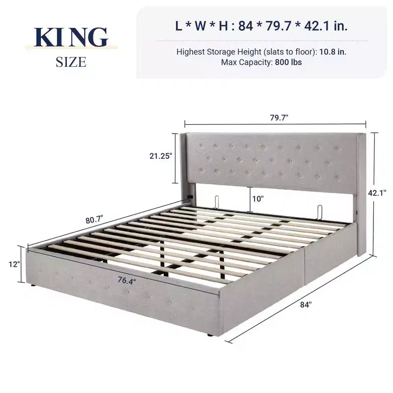Lit de rangement relevable, tête de lit capitonnée avec accoudoirs, pas besoin de sommier tapissier, rangement hydraulique, capitonné