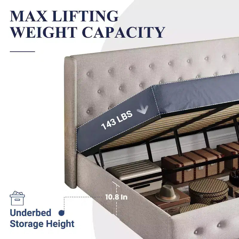 Lit de rangement relevable, tête de lit capitonnée avec accoudoirs, pas besoin de sommier tapissier, rangement hydraulique, capitonné