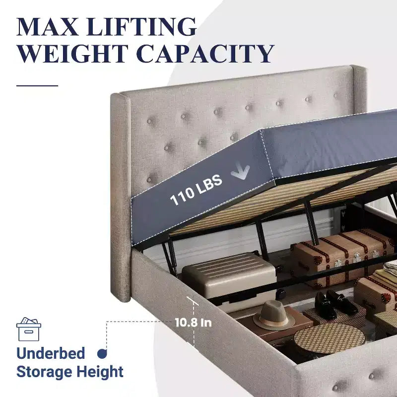 Lit de rangement relevable, tête de lit capitonnée avec accoudoirs, pas besoin de sommier tapissier, rangement hydraulique, capitonné