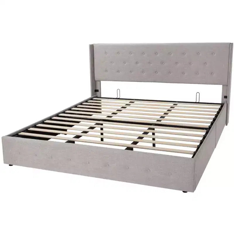 Lit de rangement relevable, tête de lit capitonnée avec accoudoirs, pas besoin de sommier tapissier, rangement hydraulique, capitonné