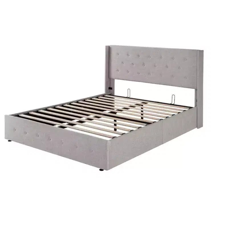 Lit de rangement relevable, tête de lit capitonnée avec accoudoirs, pas besoin de sommier tapissier, rangement hydraulique, capitonné