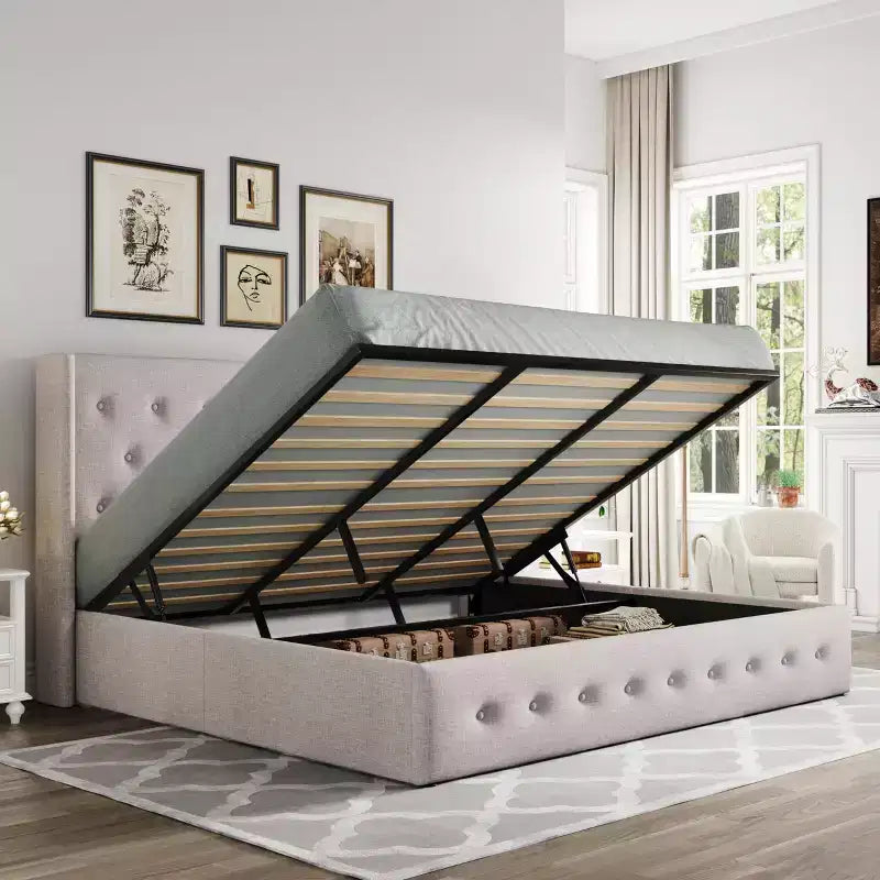 Lit de rangement relevable, tête de lit capitonnée avec accoudoirs, pas besoin de sommier tapissier, rangement hydraulique, capitonné