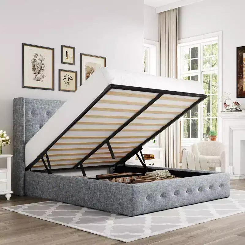 Lit de rangement relevable, tête de lit capitonnée avec accoudoirs, pas besoin de sommier tapissier, rangement hydraulique, capitonné