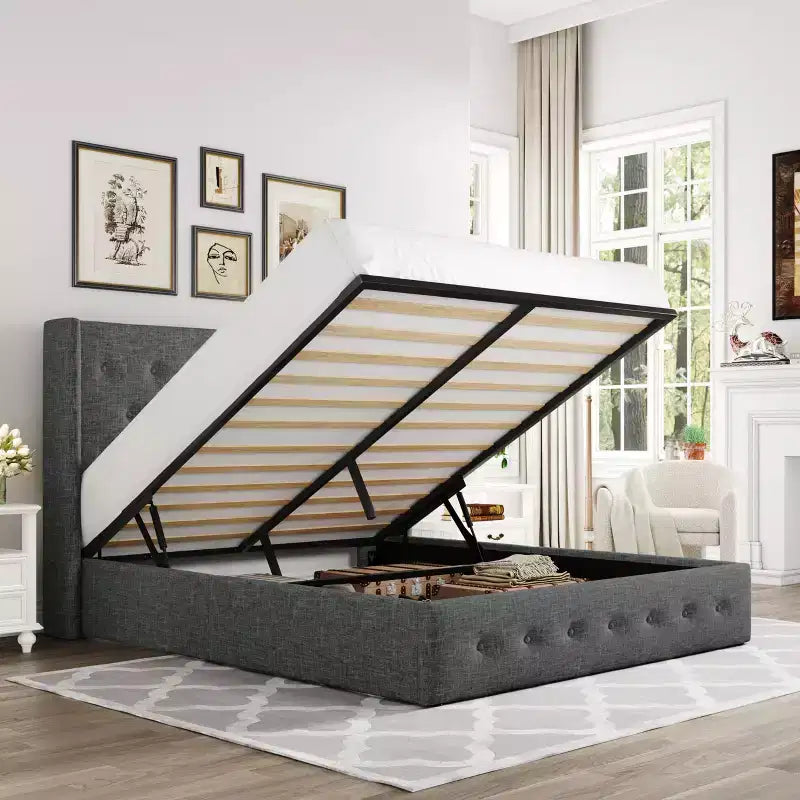 Lit de rangement relevable, tête de lit capitonnée avec accoudoirs, pas besoin de sommier tapissier, rangement hydraulique, capitonné