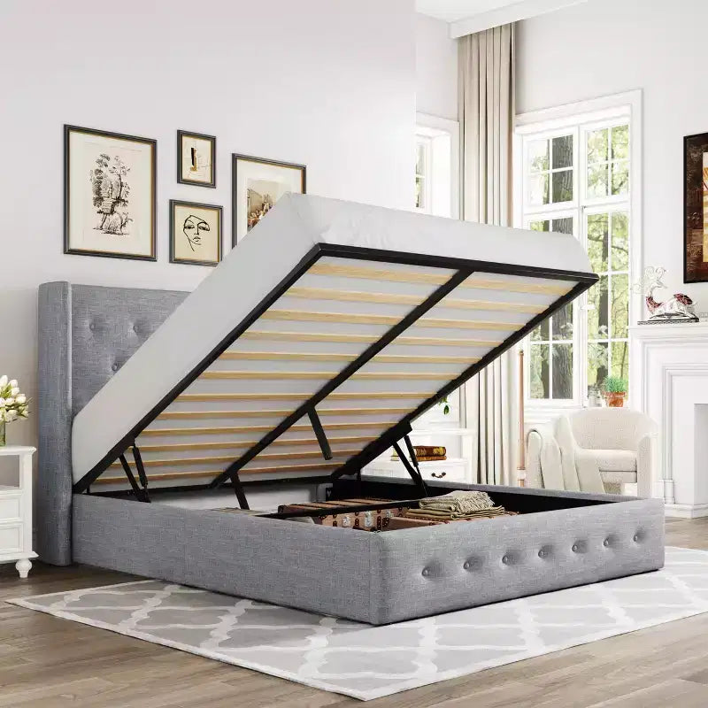 Lit de rangement relevable, tête de lit capitonnée avec accoudoirs, pas besoin de sommier tapissier, rangement hydraulique, capitonné
