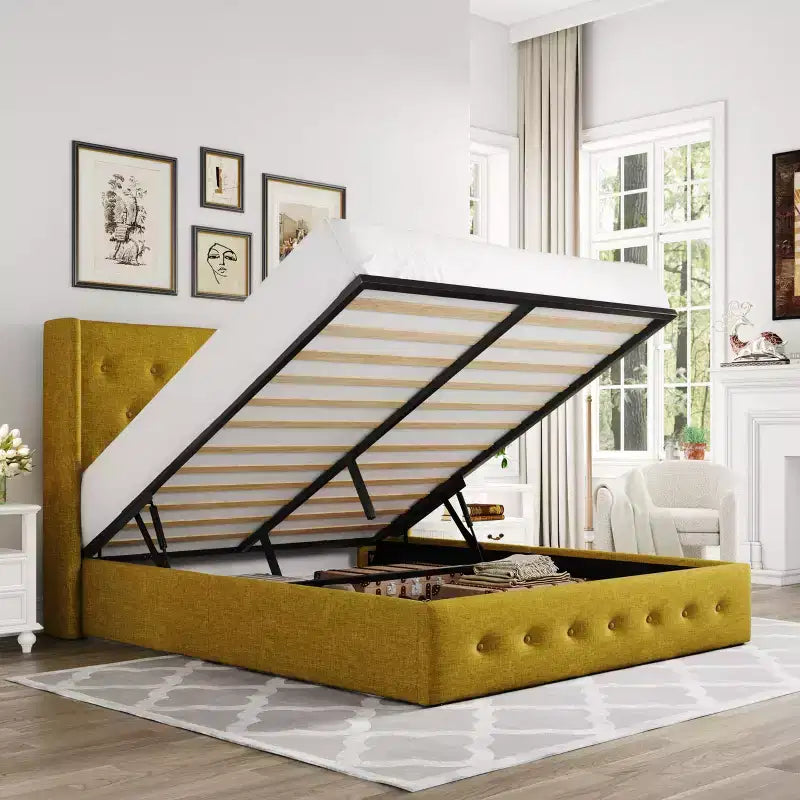 Lit de rangement relevable, tête de lit capitonnée avec accoudoirs, pas besoin de sommier tapissier, rangement hydraulique, capitonné