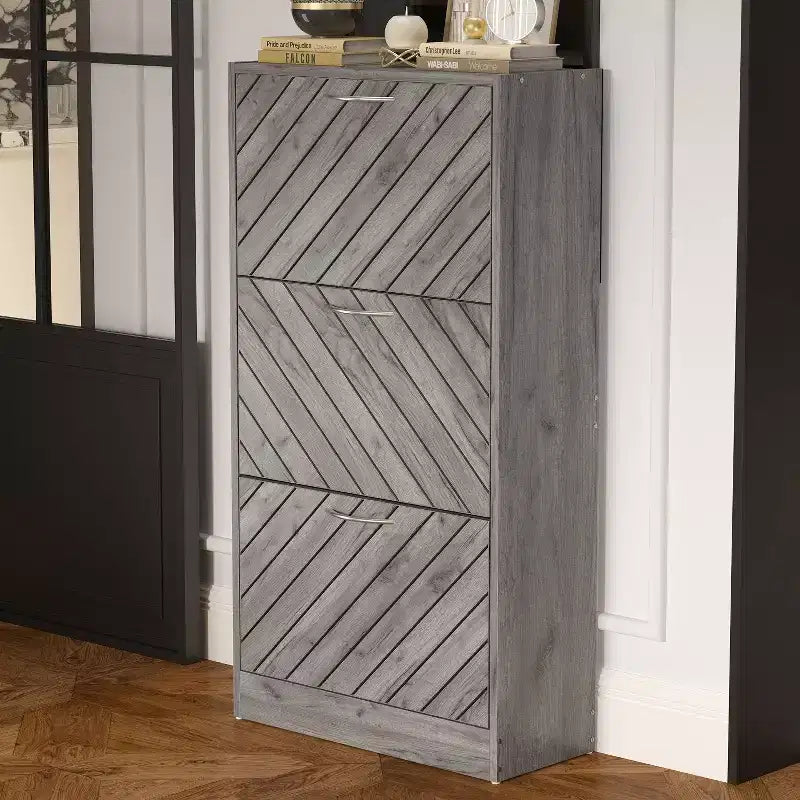 Famapy Gray wood grain 3 Drawer Flip Up Shoe Cabinet Openwork