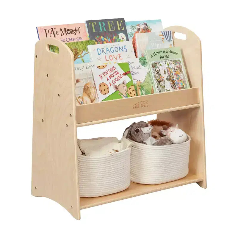 Présentoir à livres au sol 3 étagères avec poignées et rangement, 76 cm, Bibliothèque pour enfants