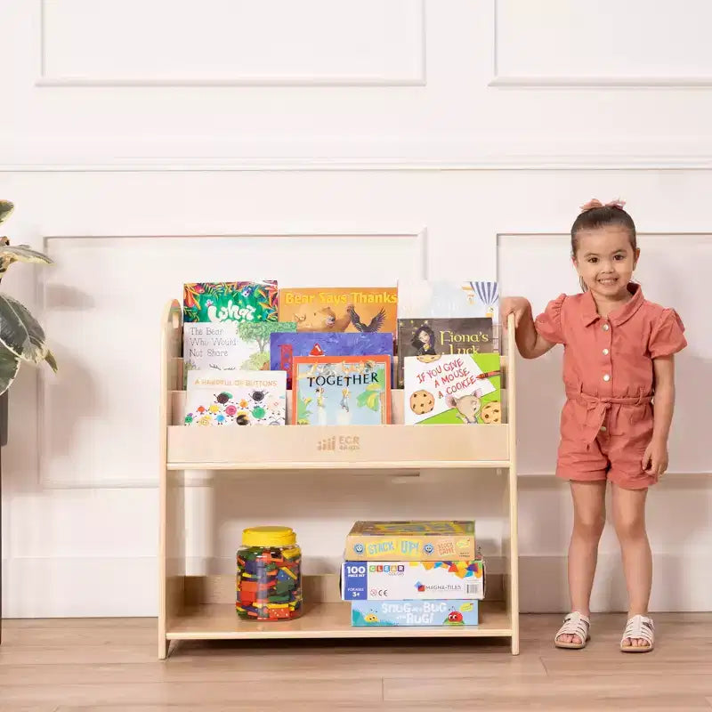 Présentoir à livres au sol 3 étagères avec poignées et rangement, 76 cm, Bibliothèque pour enfants