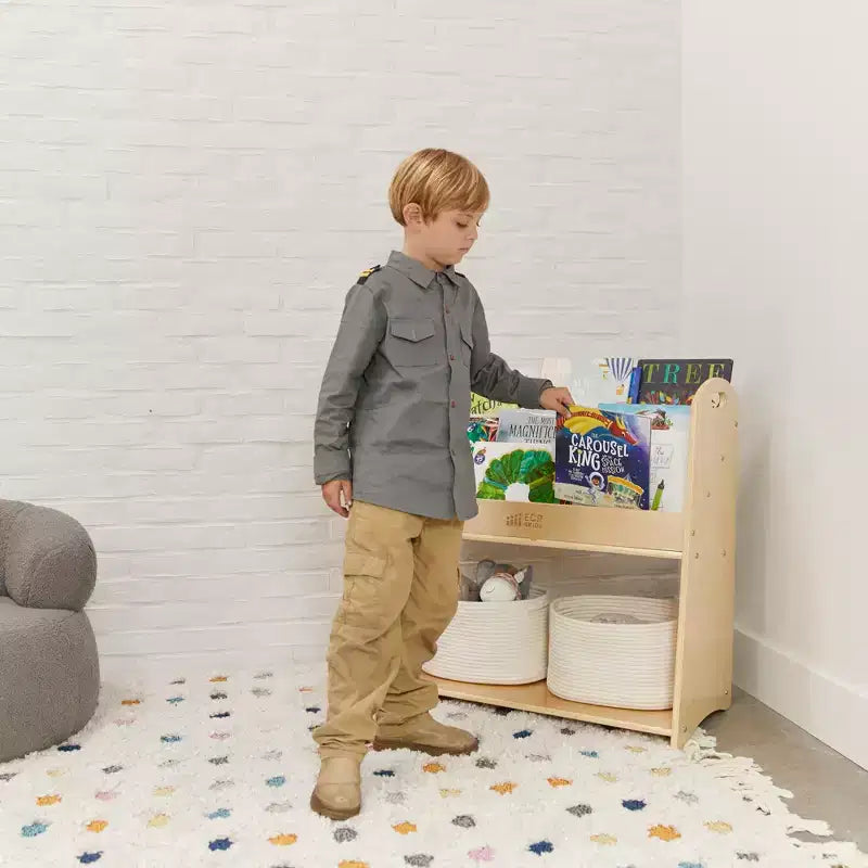 Présentoir à livres au sol 3 étagères avec poignées et rangement, 76 cm, Bibliothèque pour enfants