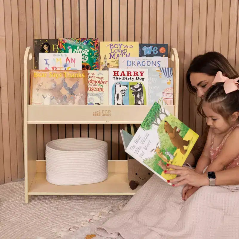 Présentoir à livres au sol 3 étagères avec poignées et rangement, 76 cm, Bibliothèque pour enfants