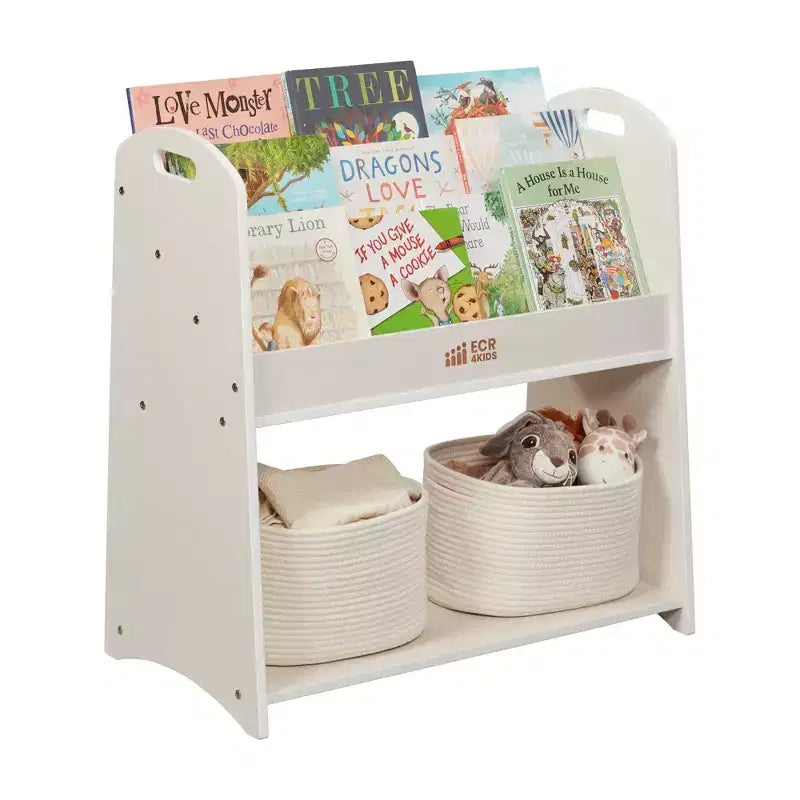 Présentoir à livres au sol 3 étagères avec poignées et rangement, 76 cm, Bibliothèque pour enfants