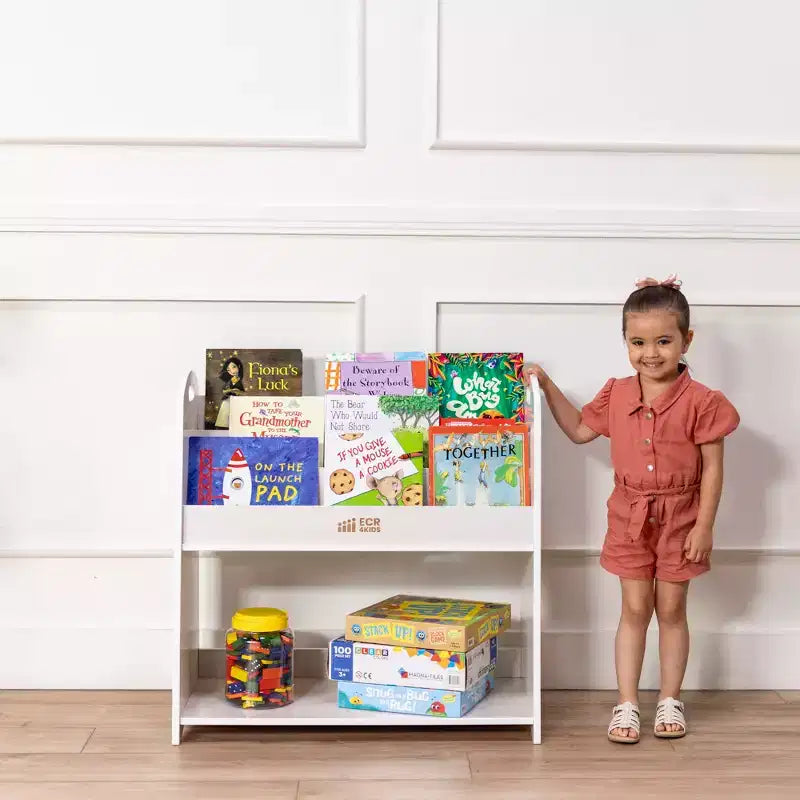 Présentoir à livres au sol 3 étagères avec poignées et rangement, 76 cm, Bibliothèque pour enfants