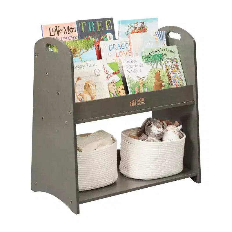 Présentoir à livres au sol 3 étagères avec poignées et rangement, 76 cm, Bibliothèque pour enfants