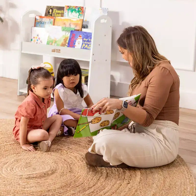 Présentoir à livres au sol 3 étagères avec poignées et rangement, 76 cm, Bibliothèque pour enfants