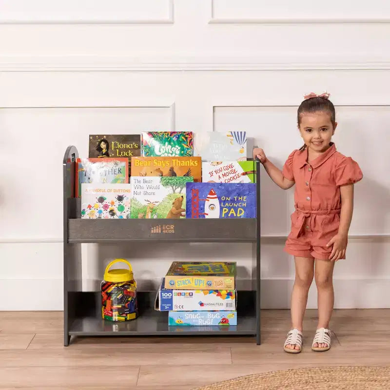 Présentoir à livres au sol 3 étagères avec poignées et rangement, 76 cm, Bibliothèque pour enfants