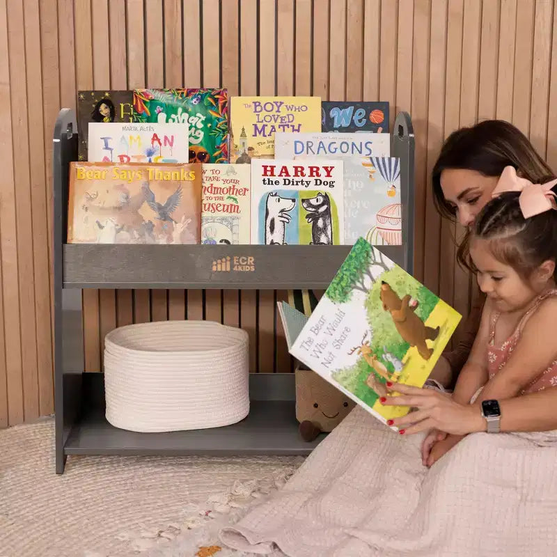 Présentoir à livres au sol 3 étagères avec poignées et rangement, 76 cm, Bibliothèque pour enfants