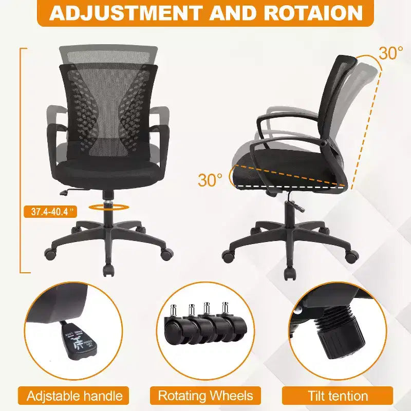 Fauteuil de bureau en maille, chaise de bureau, chaise de direction avec siège réglable en hauteur et dossier respirant