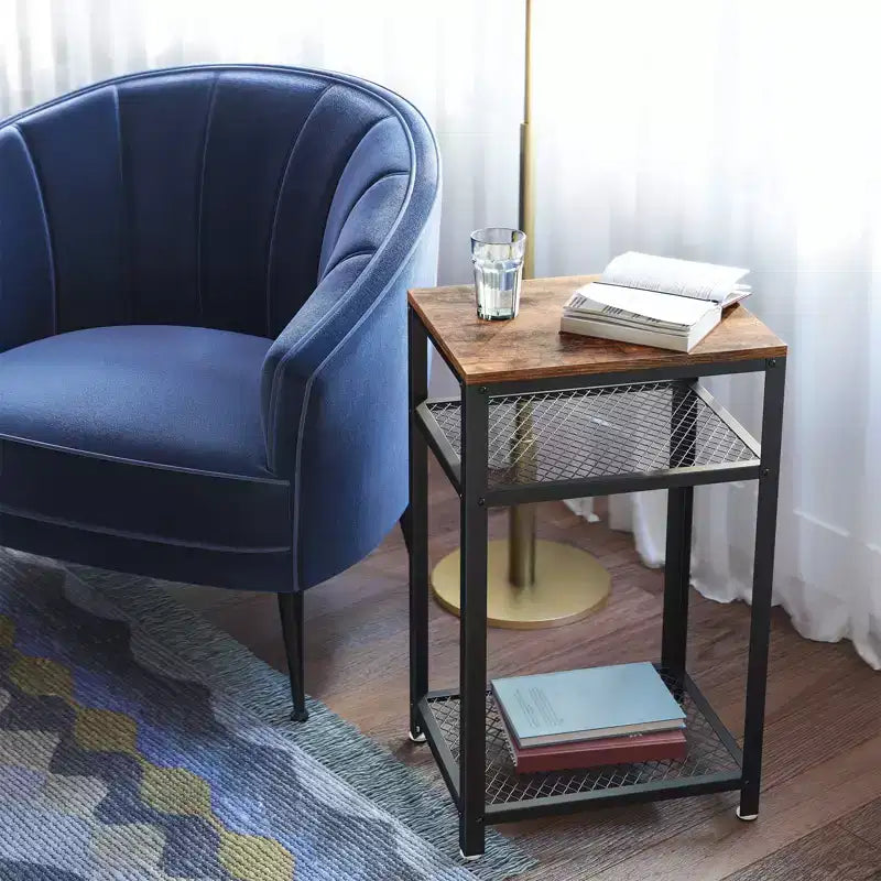 Table d'appoint haute à 3 niveaux, petite table d'appoint pour téléphone avec 2 étagères de rangement en maille, desserte de cuisine, marron rustique et noir