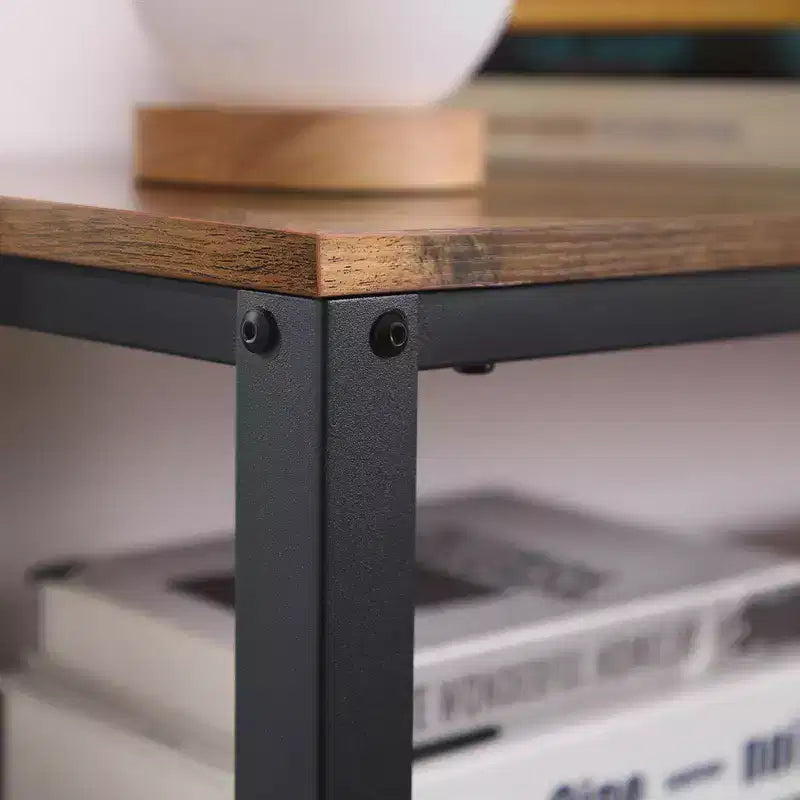 Table d'appoint haute à 3 niveaux, petite table d'appoint pour téléphone avec 2 étagères de rangement en maille, desserte de cuisine, marron rustique et noir
