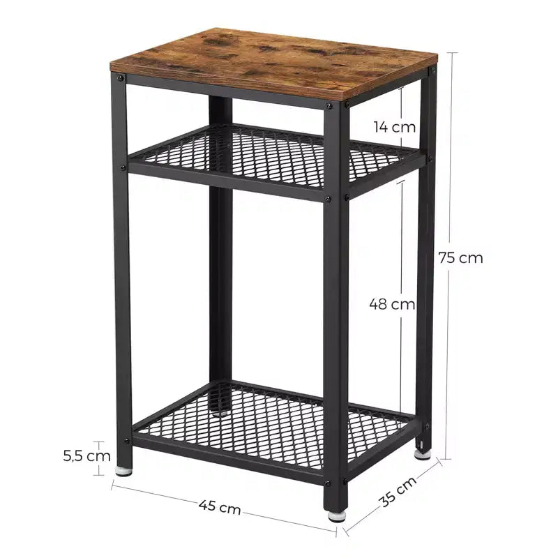 Table d'appoint haute à 3 niveaux, petite table d'appoint pour téléphone avec 2 étagères de rangement en maille, desserte de cuisine, marron rustique et noir