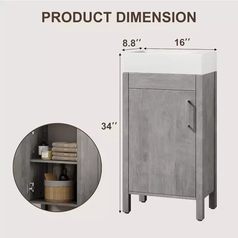 Meuble-lavabo de 16 po avec évier, meuble-lavabo de salle de bain vintage avec portes, meuble de salle de bain autoportant en bois de style rustique avec dessus