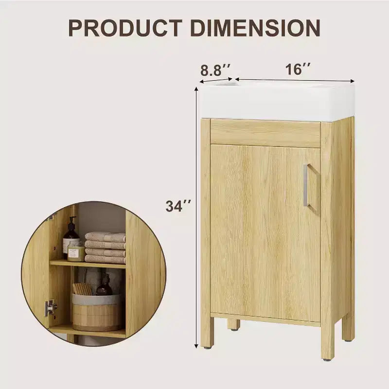 Meuble-lavabo de 16 po avec évier, meuble-lavabo de salle de bain vintage avec portes, meuble de salle de bain autoportant en bois de style rustique avec dessus