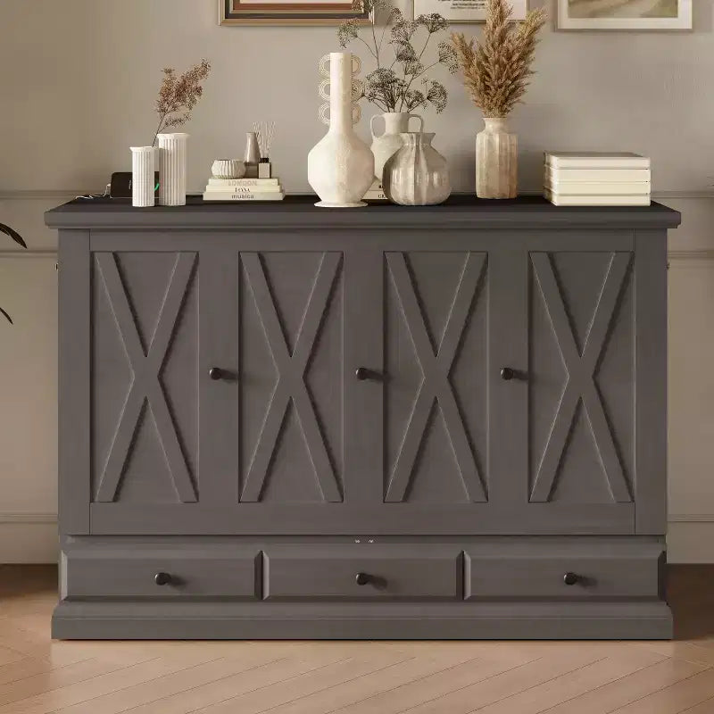 GDFStudio Nora Solid Pine Wood Murphy Bed Chest with Storage Drawer and Charging Station