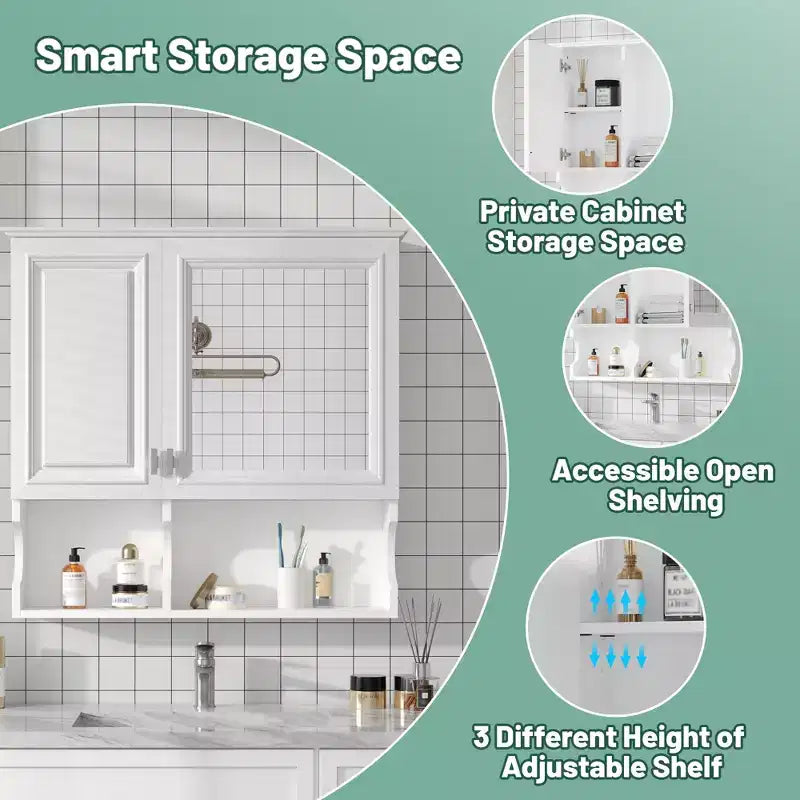 Armoire à pharmacie miroir 30'' avec étagères ouvertes, portes et étagère réglable pour le rangement de la salle de bain