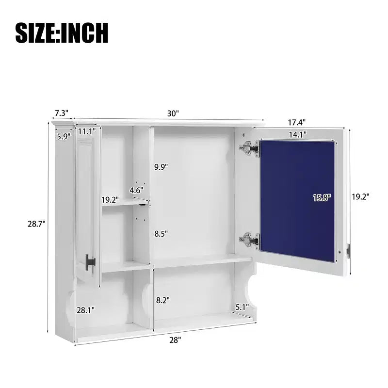 Armoire à pharmacie miroir 30'' avec étagères ouvertes, portes et étagère réglable pour le rangement de la salle de bain