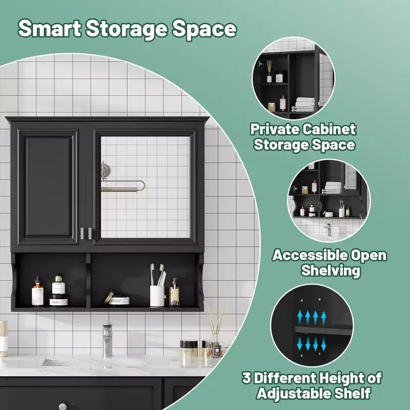 Armoire à pharmacie miroir 30'' avec étagères ouvertes, portes et étagère réglable pour le rangement de la salle de bain