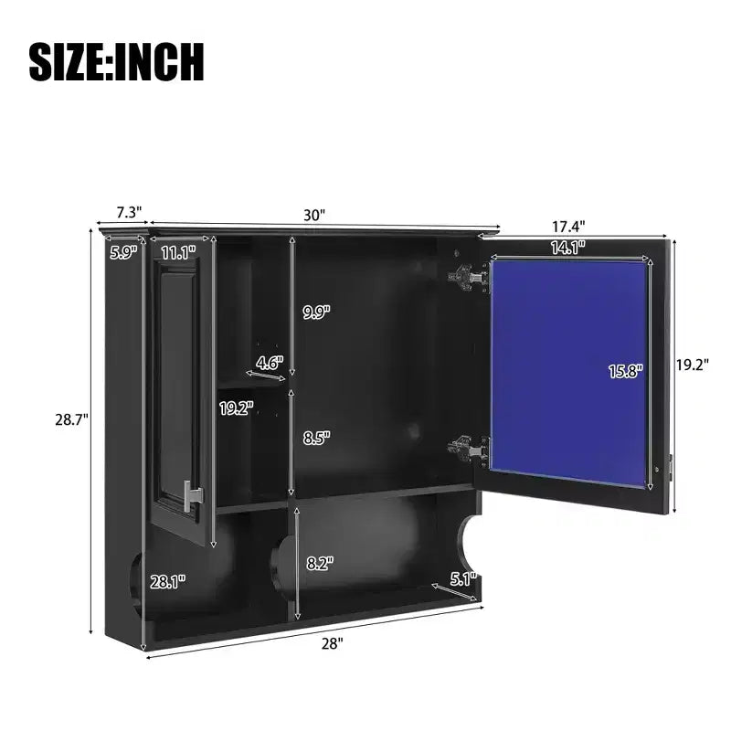 Armoire à pharmacie miroir 30'' avec étagères ouvertes, portes et étagère réglable pour le rangement de la salle de bain