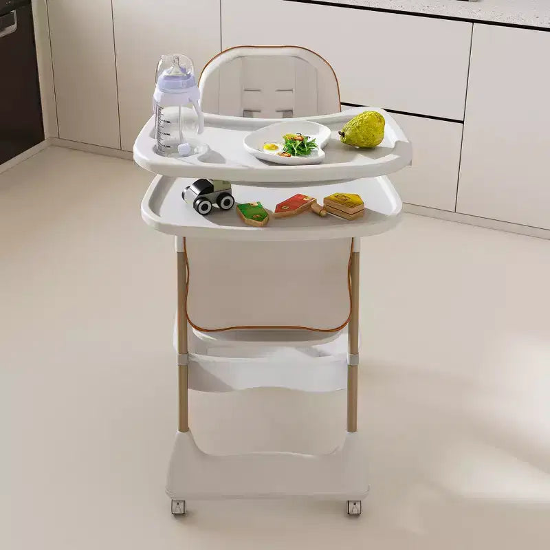 Chaise de salle à manger multifonctionnelle moderne en polyéthylène pour enfants avec ceinture de sécurité et roues verrouillables