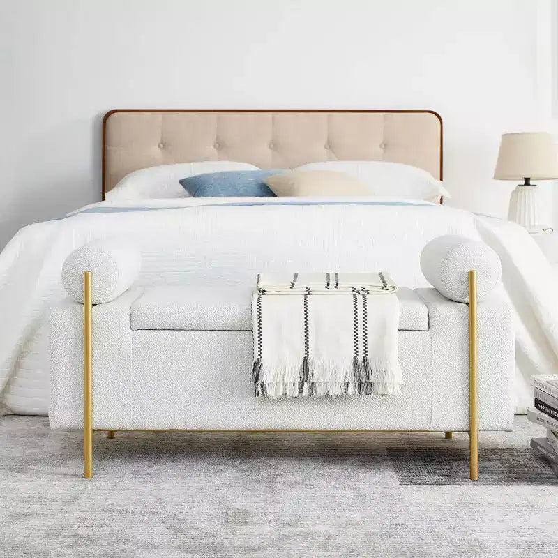 MAYEERTY Elegant Upholstered Line Storage Bench with Cylindrical Arms and Iron Legs for Hallway Living Room Bedroom White