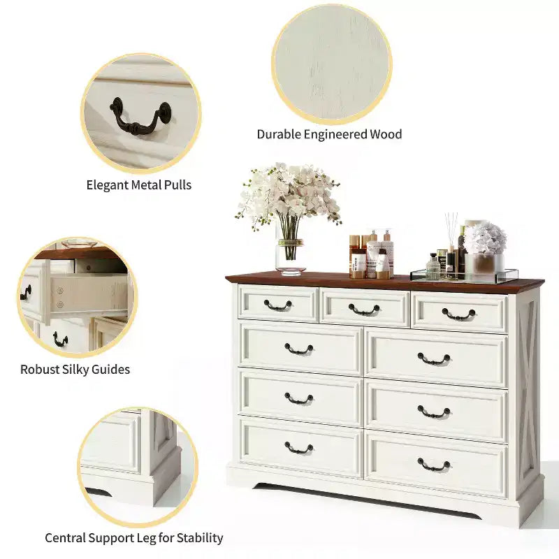 Commode à neuf tiroirs de style campagnard