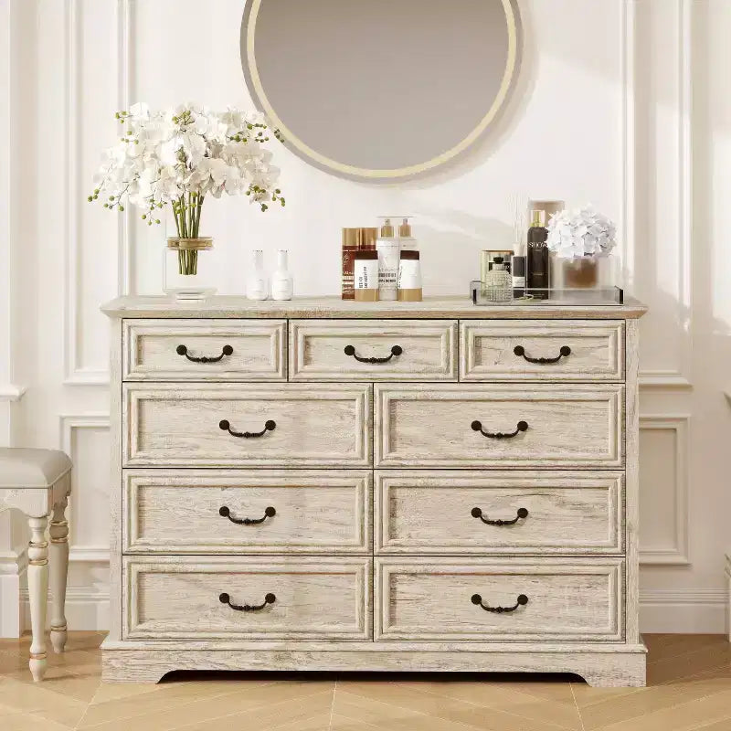 Dyonery Farmhouse 9 Drawer Dresser Chest, 52 Wide Wood Top Storage Organizer for Bedroom, Living Room, Entryway