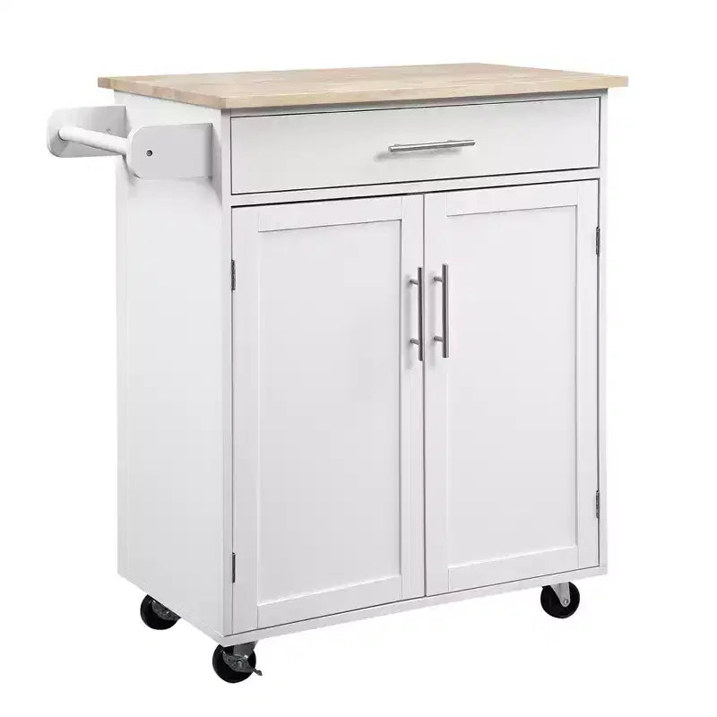 FAMYYT White Solid Rubber Wood Top 17.8 in. Kitchen Island Cart with 2 Door Cabinet and Drawers