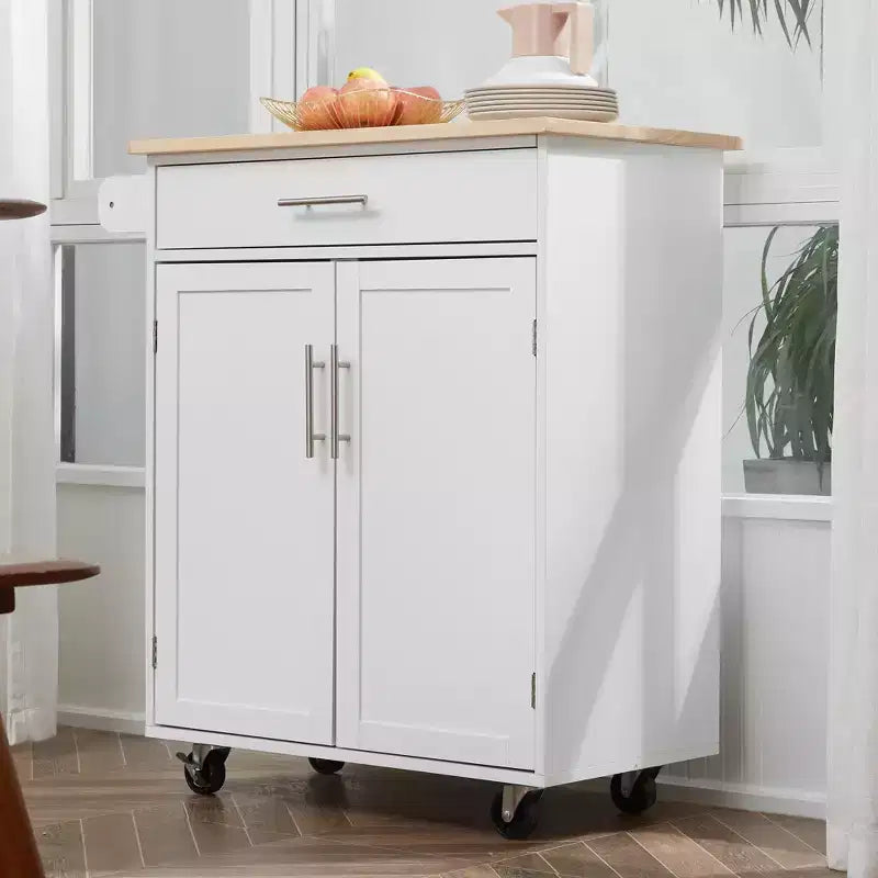 Îlot de cuisine roulant en bois d'hévéa massif blanc de 17,8 po avec armoire à 2 portes et tiroirs