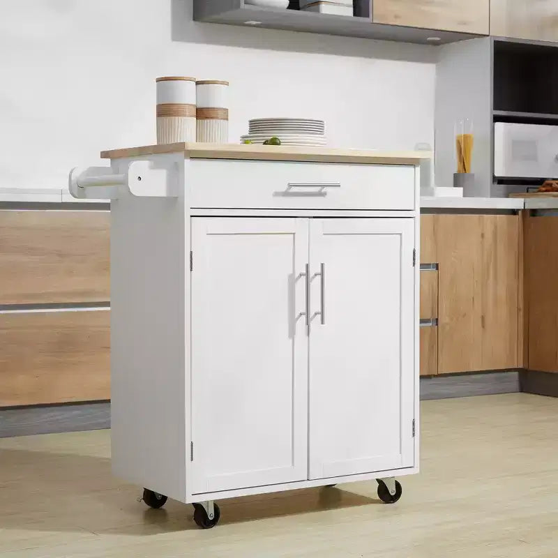Îlot de cuisine roulant en bois d'hévéa massif blanc de 17,8 po avec armoire à 2 portes et tiroirs