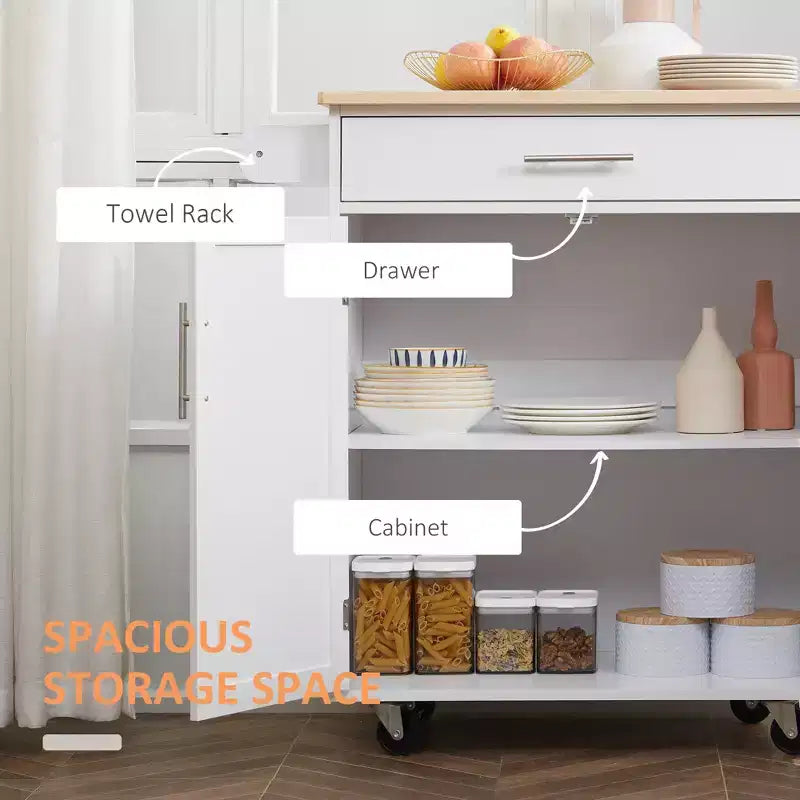 Îlot de cuisine roulant en bois d'hévéa massif blanc de 17,8 po avec armoire à 2 portes et tiroirs
