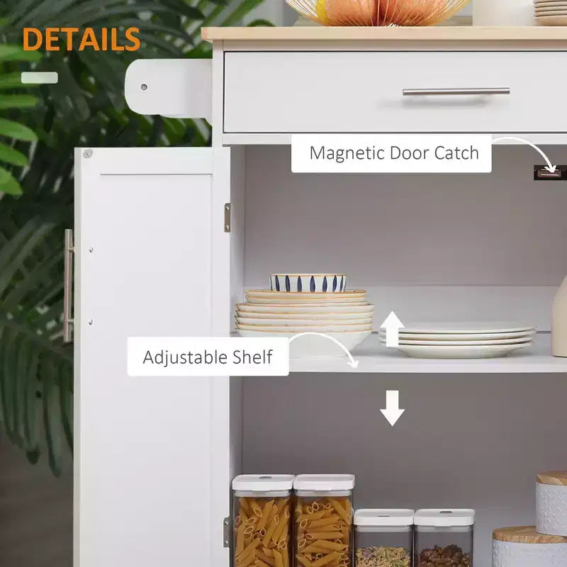 Îlot de cuisine roulant en bois d'hévéa massif blanc de 17,8 po avec armoire à 2 portes et tiroirs
