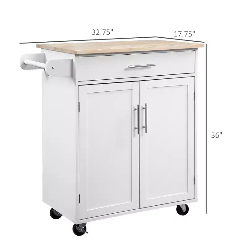 Îlot de cuisine roulant en bois d'hévéa massif blanc de 17,8 po avec armoire à 2 portes et tiroirs