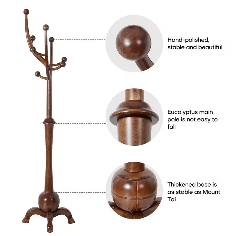 Porte-Manteau sur Pied en Bois Massif, Support de Manteau avec 8 Crochets en Forme de Branches d'Arbre, Base Sphérique Stable, 72,5 kg