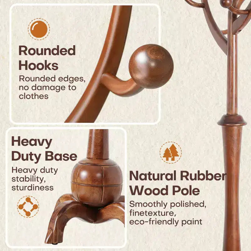 Porte-Manteau sur Pied en Bois Massif, Support de Manteau avec 8 Crochets en Forme de Branches d'Arbre, Base Sphérique Stable, 72,5 kg